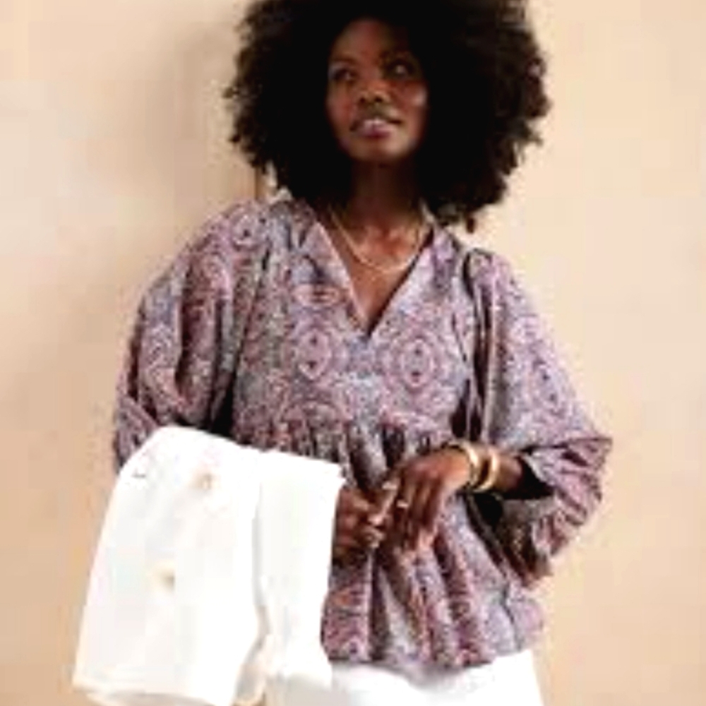 Banana Republic Blouse Cotton Puff Sleeve Boho Print‎